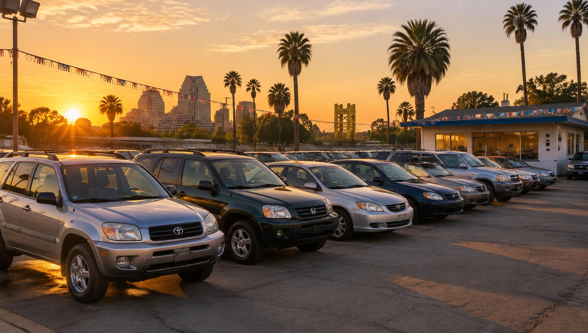 The AutoBot LLC used car lot in Sacramento at sunset